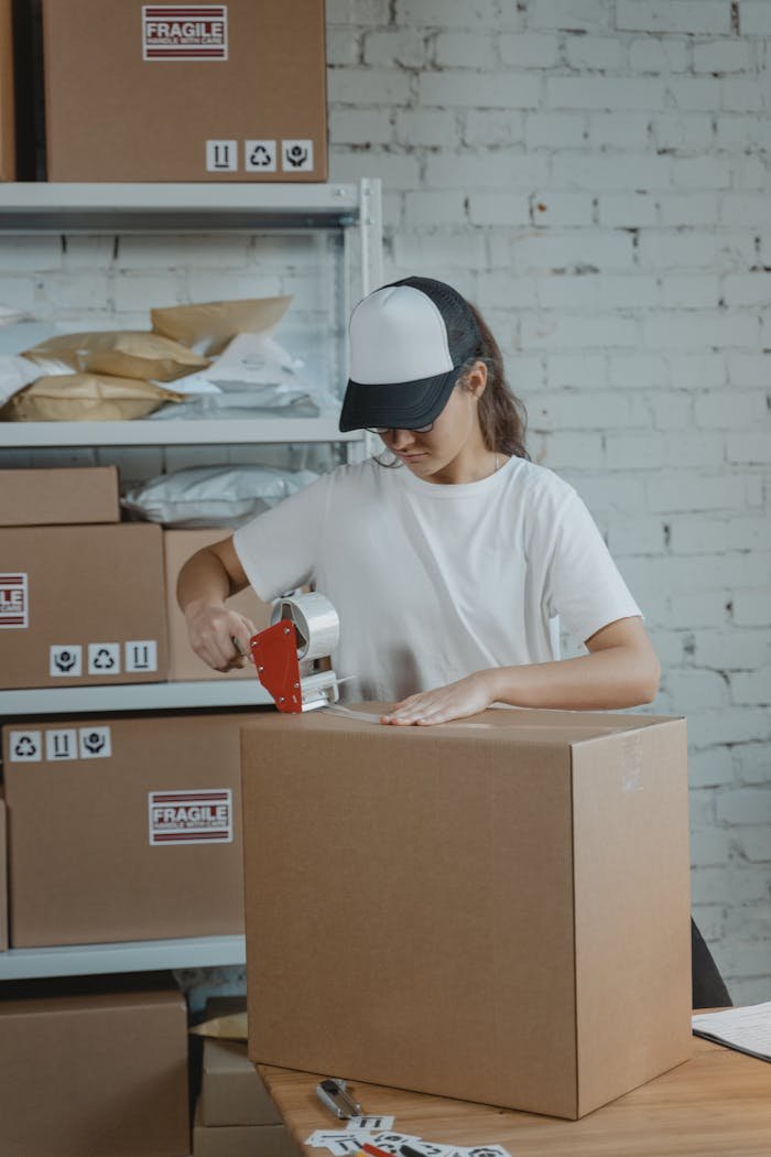 Young female worker sealing cardboard boxes in an indoor warehouse setting.